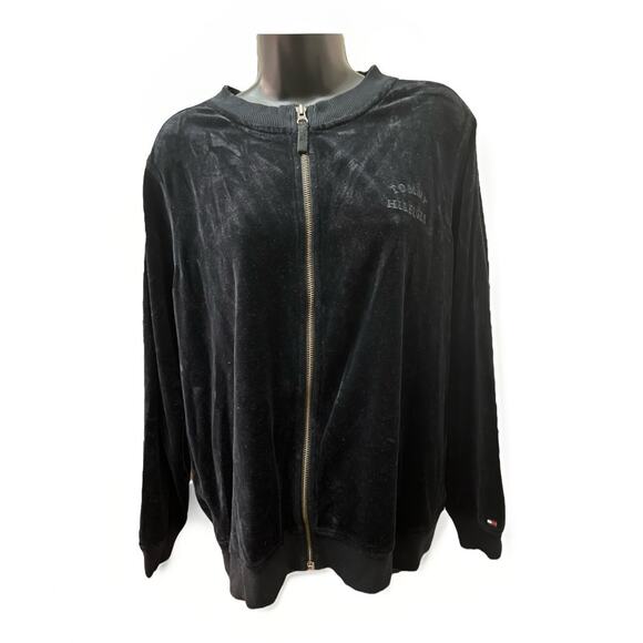 Tommy Hilfiger Women’s 1X Black Velour Full Zip Jacket Logo Long Sleeve - Picture 1 of 5
